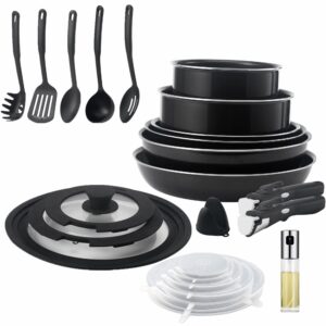 lzteck 24 pieces non-stick cookware set with oil sprayer,stackable pans and pots set with removable handles, space efficient rvs and camping,oven,induction,gas,electric & stovetops,dishwasher safe