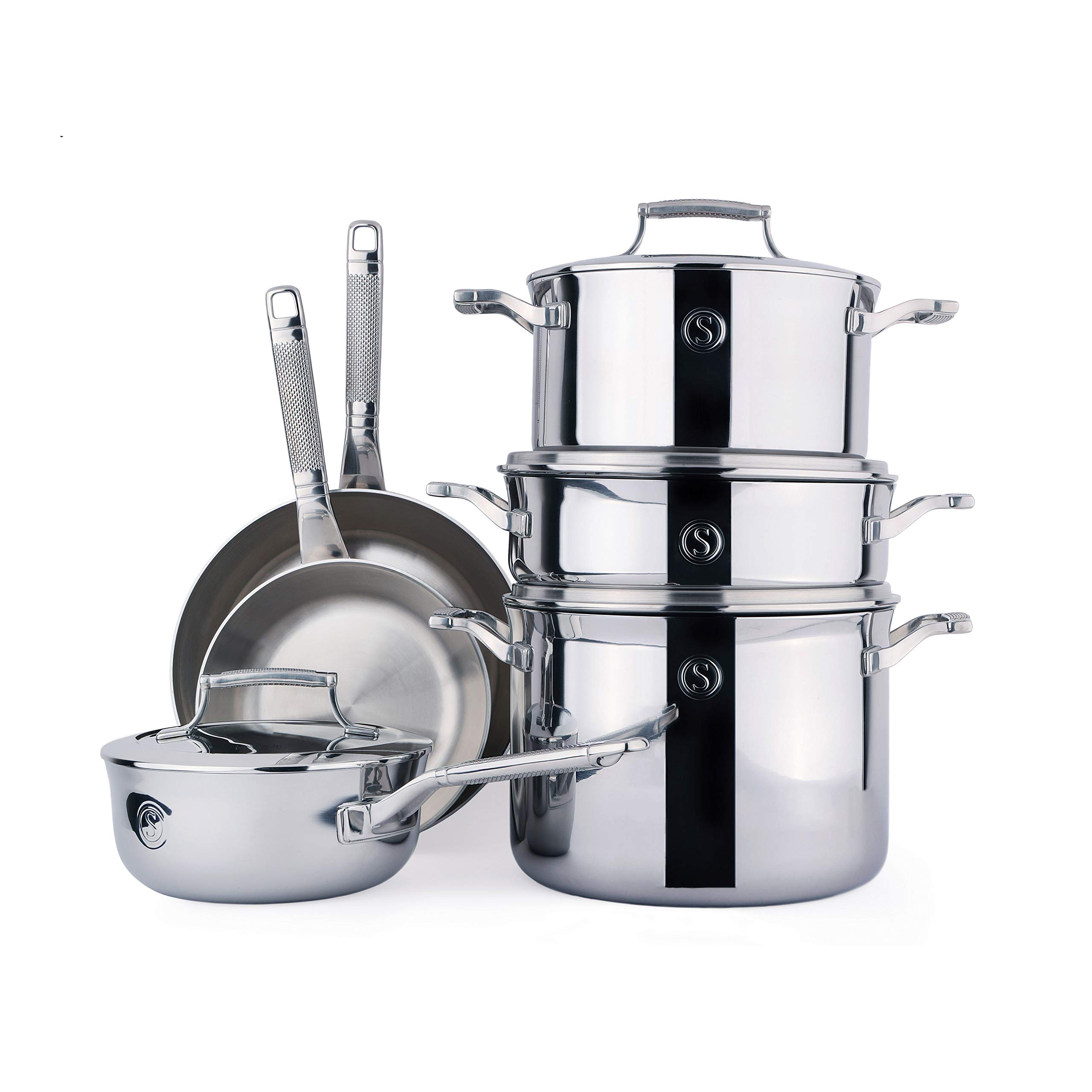 SAVEUR SELECTS 10-piece Tri-ply Stainless Steel Cookware Set, 6 Essential Pots and Pans, 4 Interchangeable Lids, Induction-ready, Dishwasher Safe, Voyage Series