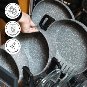 Karaca Gris BioGranite Cookware Set, 7 Piece, 3 Pots with Lid and Frying Pan, Natural Granite, Non-Stick Coating, Dishwasher Safe, Comfortable, Ergonomic Handle Grip