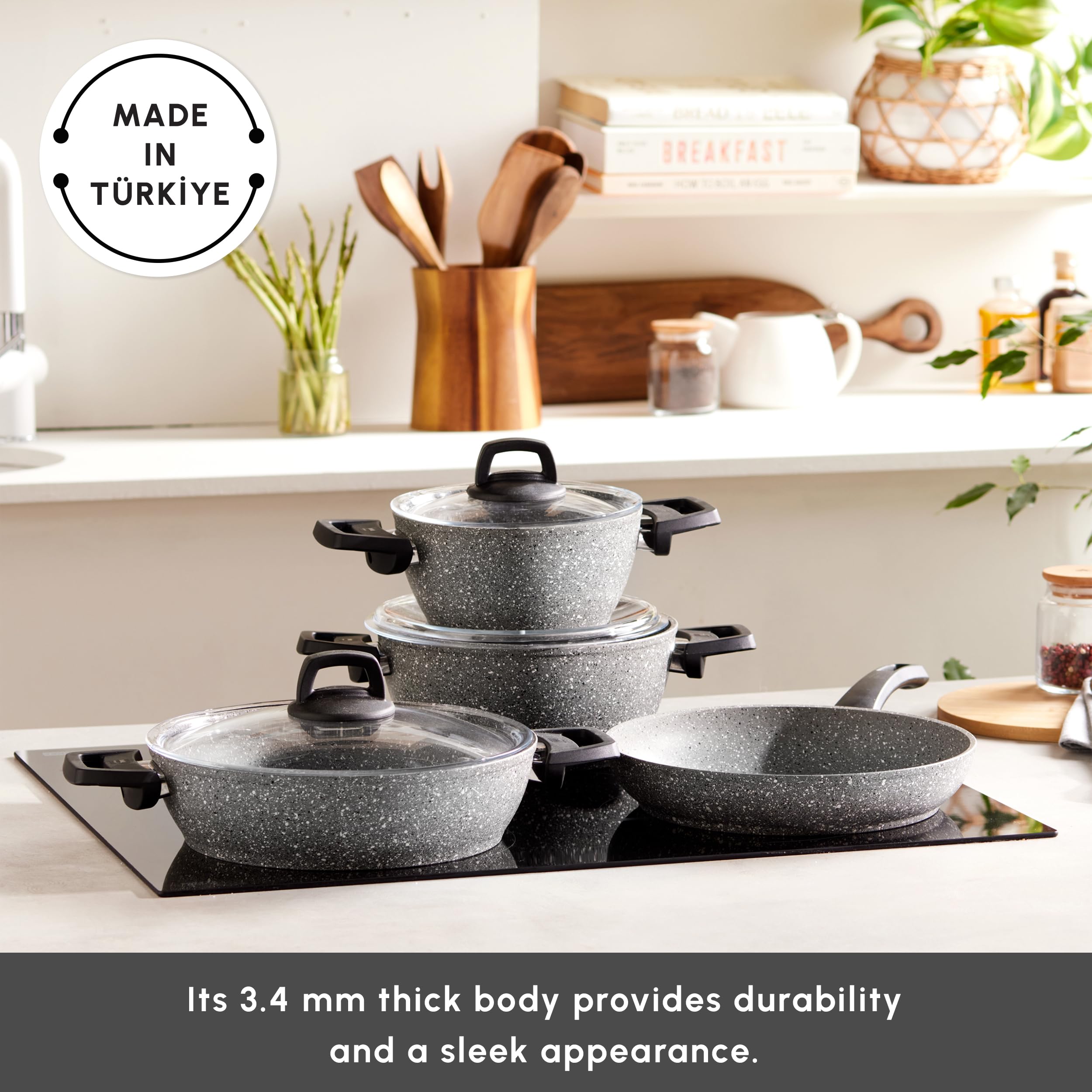 Karaca Gris BioGranite Cookware Set, 7 Piece, 3 Pots with Lid and Frying Pan, Natural Granite, Non-Stick Coating, Dishwasher Safe, Comfortable, Ergonomic Handle Grip