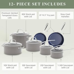 Nuwave 12pc Forged Lightweight Cookware Set, G10 Healthy Duralon Ceramic Ultra Non-Stick Coating, Vented Tempered Glass Lids, Stay-Cool Handles, Induction-Ready & Works on All Cooktops, PFAS Free