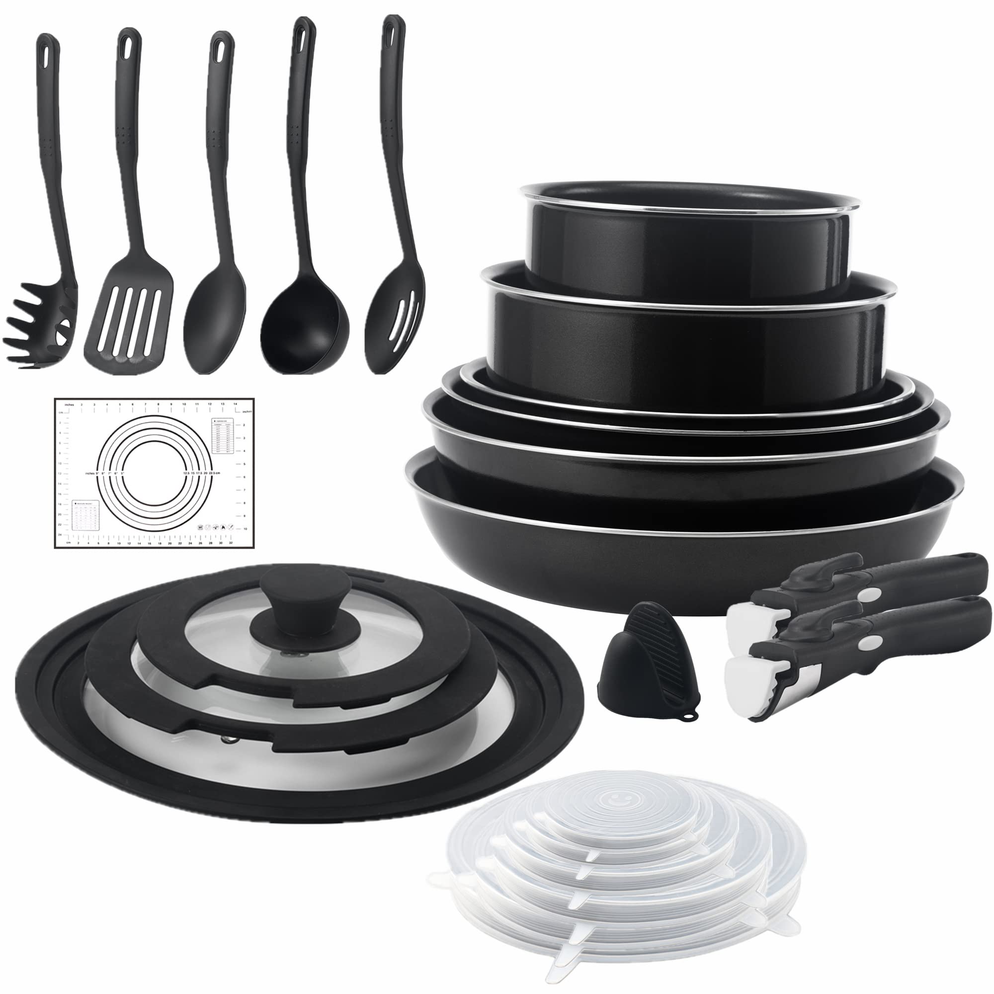 lzteck 24 Pieces Non-Stick Cookware Set,Removable Handles Stackable Pans and Pots Set with Silicone Pastry Mat, for RVs and Camping,Oven,Induction,Gas,Electric,Stovetops,Dishwasher Safe