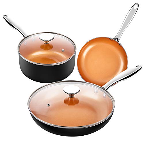 MICHELANGELO Copper Cookware Set 5 Piece, Ultra Nonstick Pots and Pans Copper with Ceramic Interior, Copper Nonstick Cookware Set, Ceramic Pot and Pans Set, Copper Pots and Pans, Copper Pots Set -5Pcs