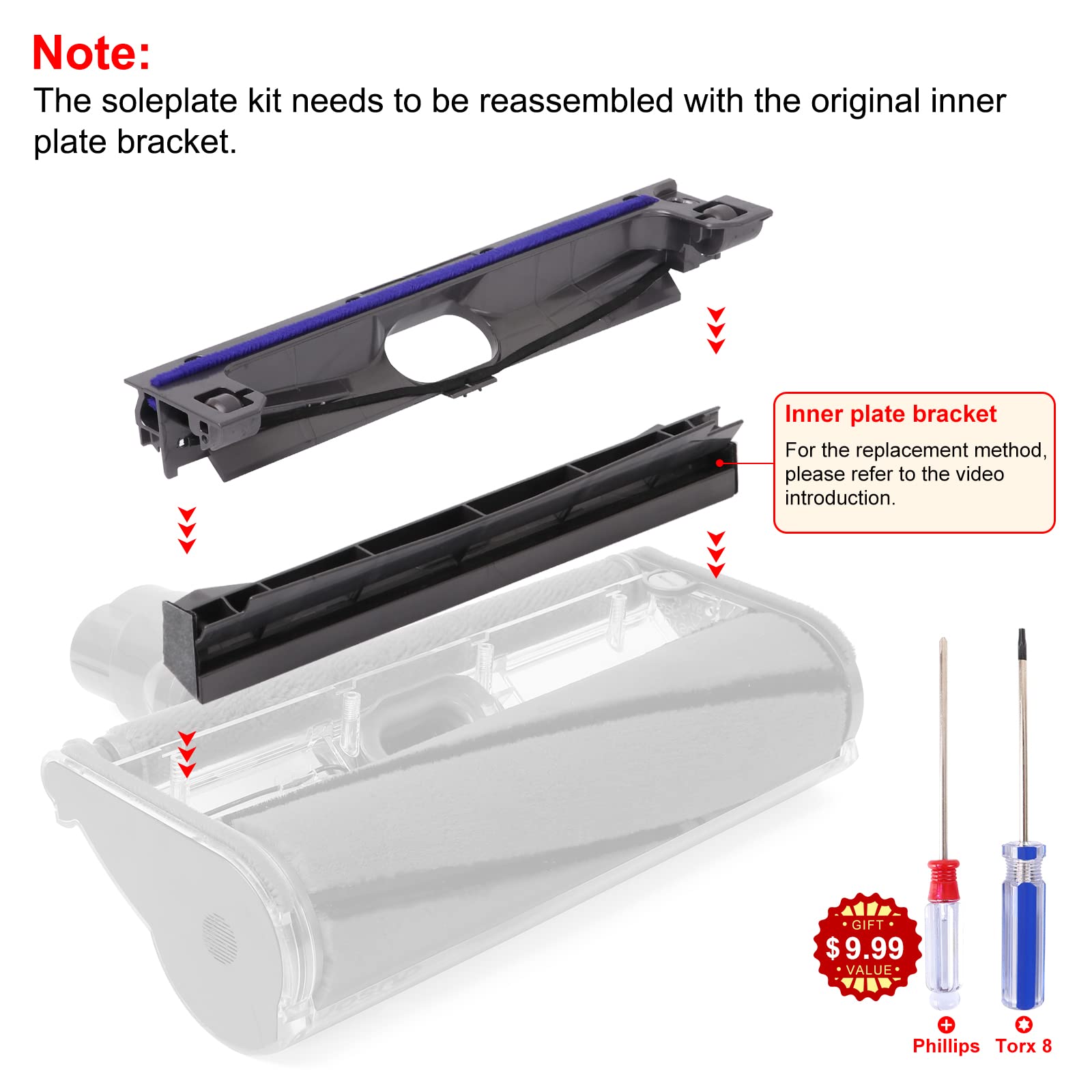 Bottom Soleplate Soft Plush Strips Soleplate Wheels Kit Replacement for Dyson V6 V7 V8 V10 V11 Soft Roller Cleaner Head Part Base Plate