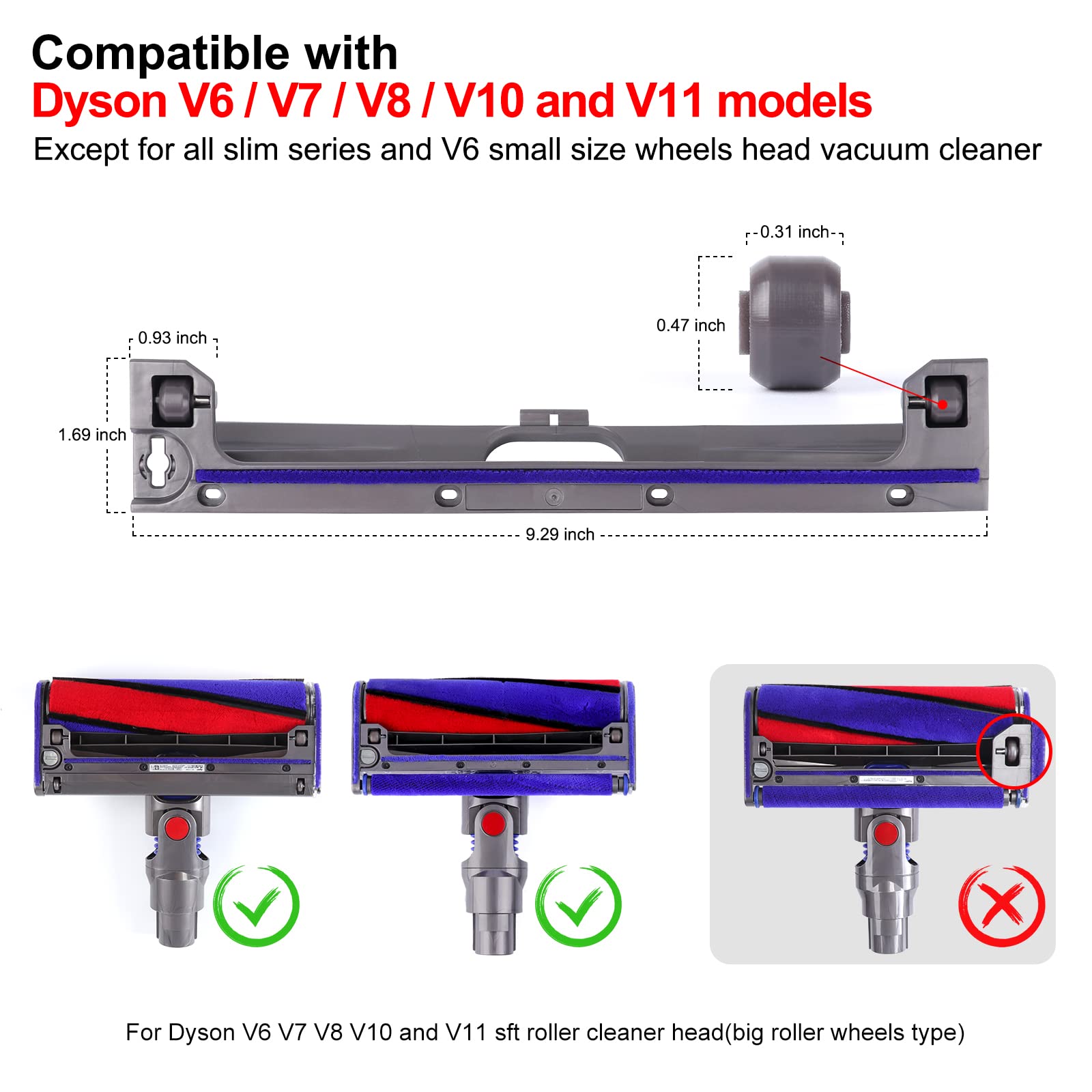 Bottom Soleplate Soft Plush Strips Soleplate Wheels Kit Replacement for Dyson V6 V7 V8 V10 V11 Soft Roller Cleaner Head Part Base Plate