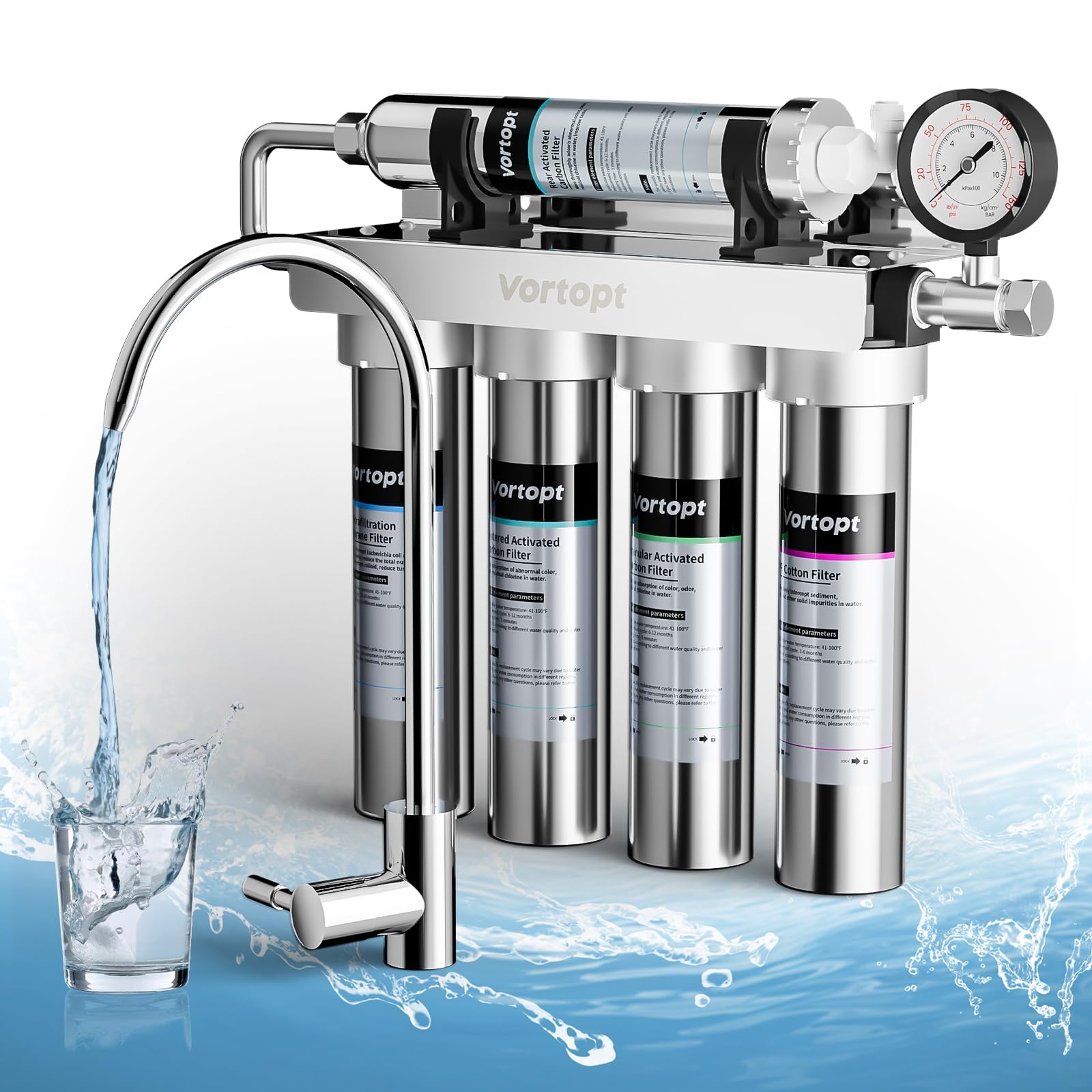 Vortopt Under Sink Water Filtration System-NSF&CEC Certified,Stainless Steel Water Filter, Real-time Pressure Gauge,0.01μm Kitchen Undersink Water Filtration,Retain Beneficial Minerals,U1(5 Filters)