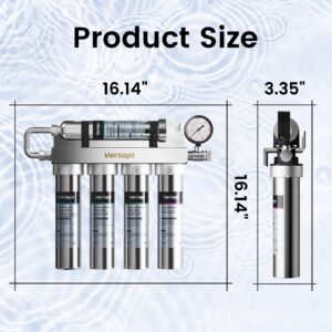 Vortopt Under Sink Water Filtration System-NSF&CEC Certified,Stainless Steel Water Filter, Real-time Pressure Gauge,0.01μm Kitchen Undersink Water Filtration,Retain Beneficial Minerals,U1(5 Filters)