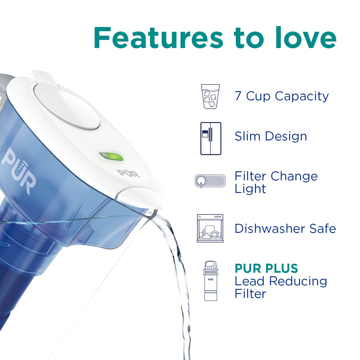 PUR PLUS 7-Cup Water Filter Pitcher with 1 Lead-Reducing PUR Plus Filter, Dishwasher Safe, Powerful Filtration, Filter Change Indicator Light, White, PPT711W