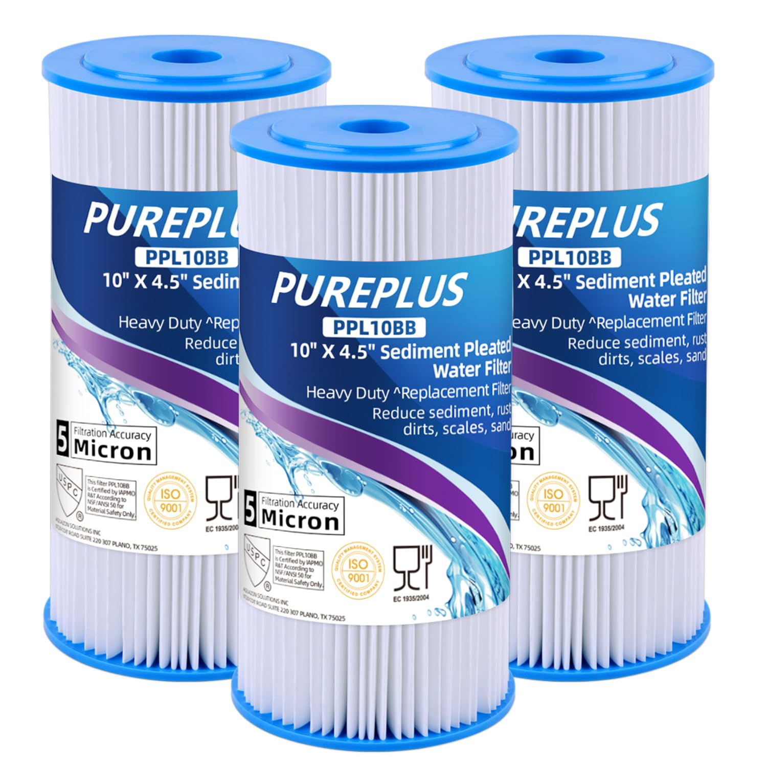 PUREPLUS 10" x 4.5" Whole House Pleated Sediment Filter for Well Water, Replacement Cartridge for GE FXHSC, Culligan R50-BBSA, Pentek R50-BB, DuPont WFHDC3001, American Plumber W50PEHD, GXWH40L, 3Pack