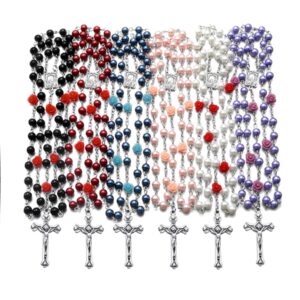 Pearl Rose Beads Rosary Catholic Necklace Holy Soil Medal Cross Crucifix-6 Packs