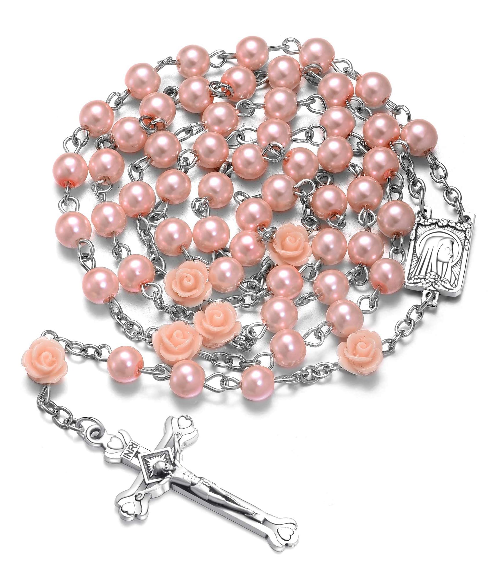 Pearl Rose Beads Rosary Catholic Necklace Holy Soil Medal Cross Crucifix-6 Packs