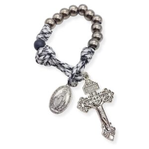 Nazareth Store One Decade Black & White Paracord Rosary Dark Silver Beads Pocket Car Rosary Protection Miraculous Medal & Jesus Crucifix