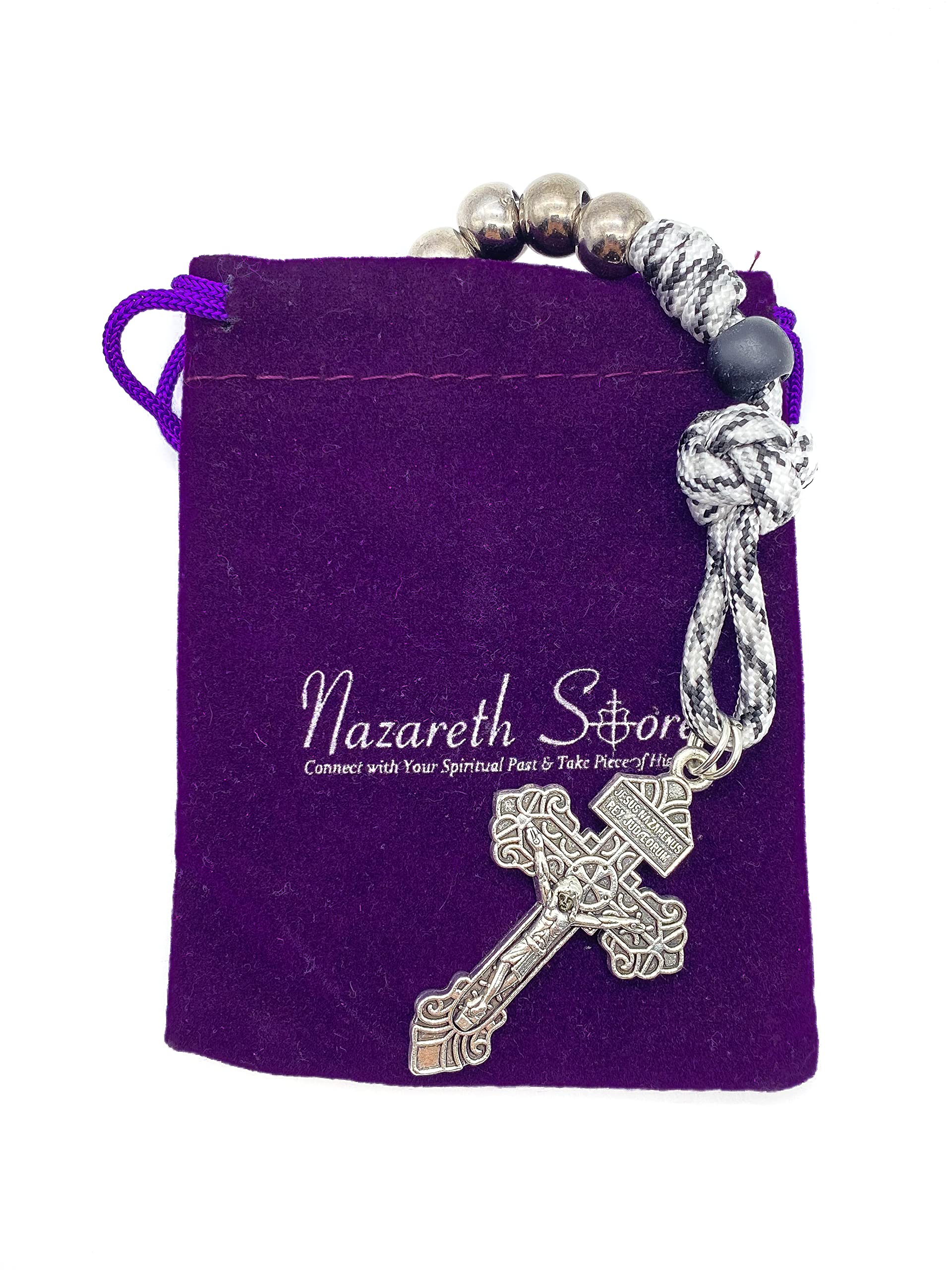 Nazareth Store One Decade Black & White Paracord Rosary Dark Silver Beads Pocket Car Rosary Protection Miraculous Medal & Jesus Crucifix