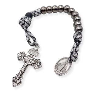 Nazareth Store One Decade Black & White Paracord Rosary Dark Silver Beads Pocket Car Rosary Protection Miraculous Medal & Jesus Crucifix