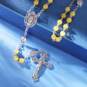 Rnivida Catholic Rosary Necklace for Women,Yellow Rosary Beads Necklace,Catholic Prayer Crucifix Virgin Mary Oval Pendant Medallion Spiritual Jewelry