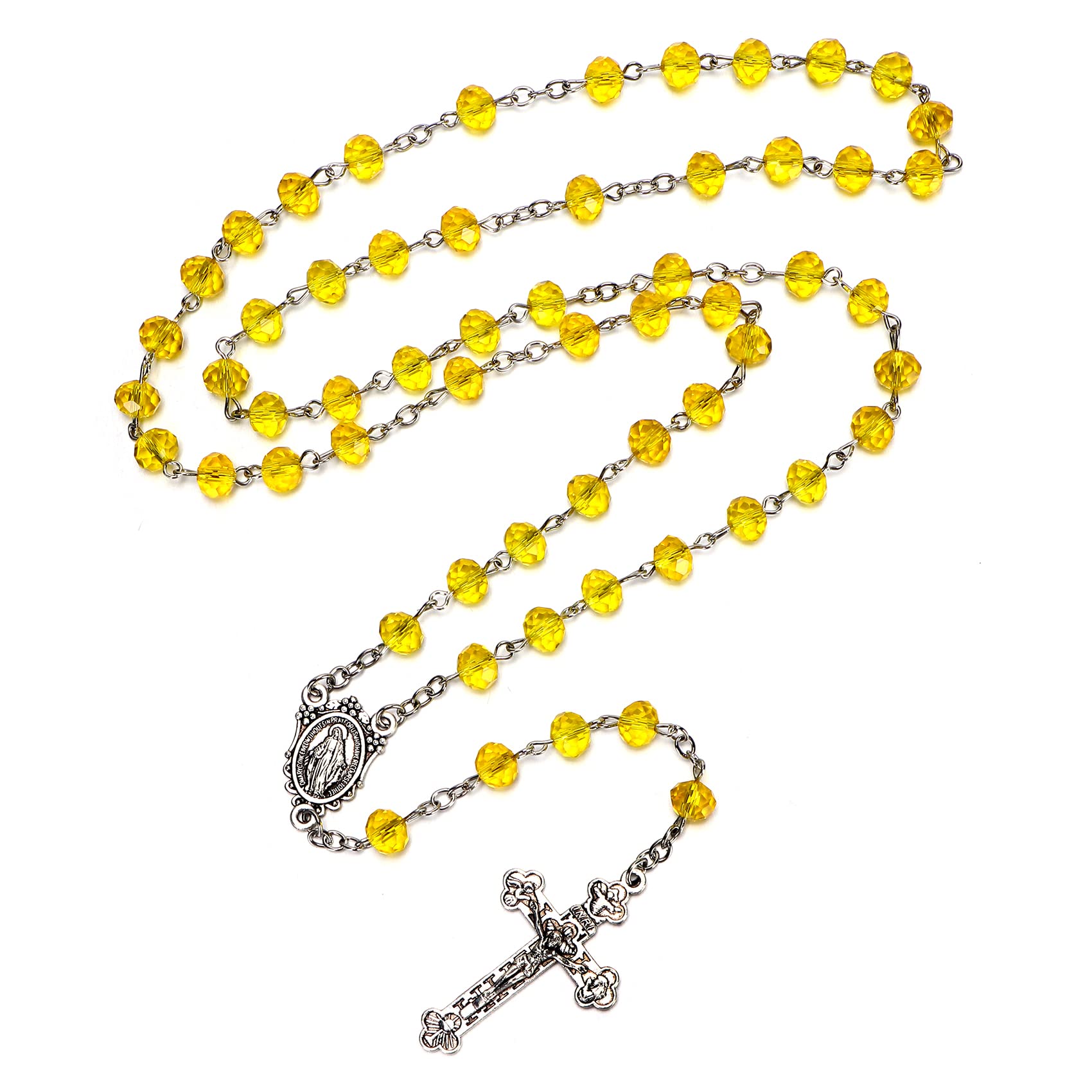 Catholic Rosary Yellow Crystal Beads Necklace with with Miraculous Medal Cross Crucifix Rosaries Communion Rosary