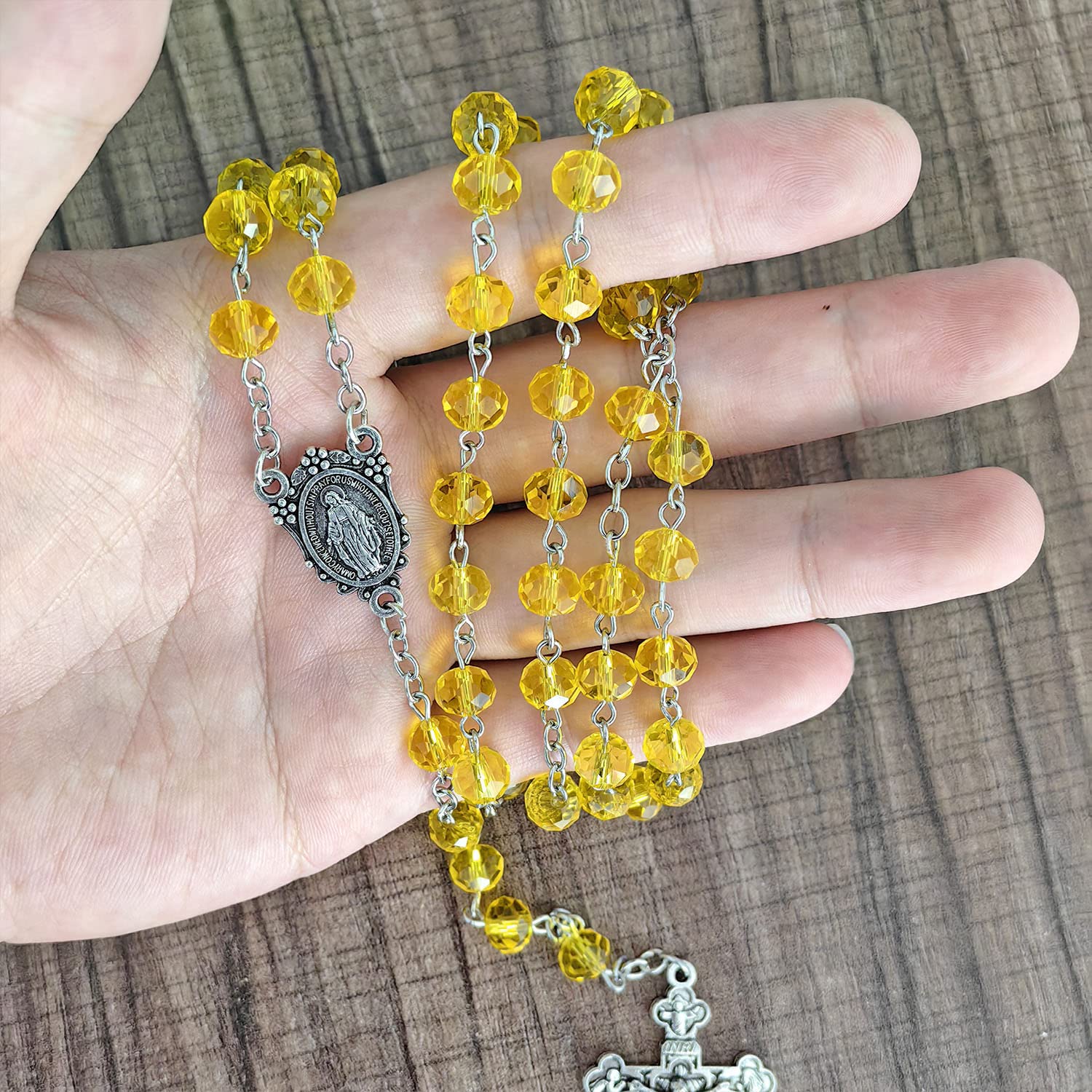 Catholic Rosary Yellow Crystal Beads Necklace with with Miraculous Medal Cross Crucifix Rosaries Communion Rosary