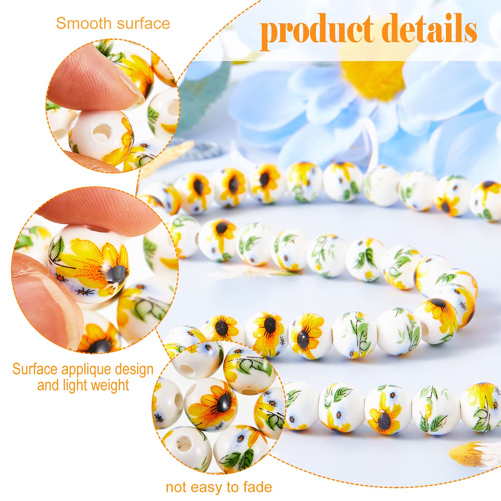 Hicarer 200 Pcs Summer Sunflower Beads 10 mm Flower Ceramic Bead Round Handmade Porcelain Beads Sunflower Spacer Bead for Bracelets Jewelry Making DIY Crafts Necklace Traditional Chinese Style