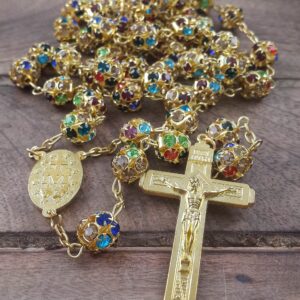 Nazareth Store Gold Plated Rosary Necklace with Colorful Crystallized Beads Miraculous Medal Cross Crucifix