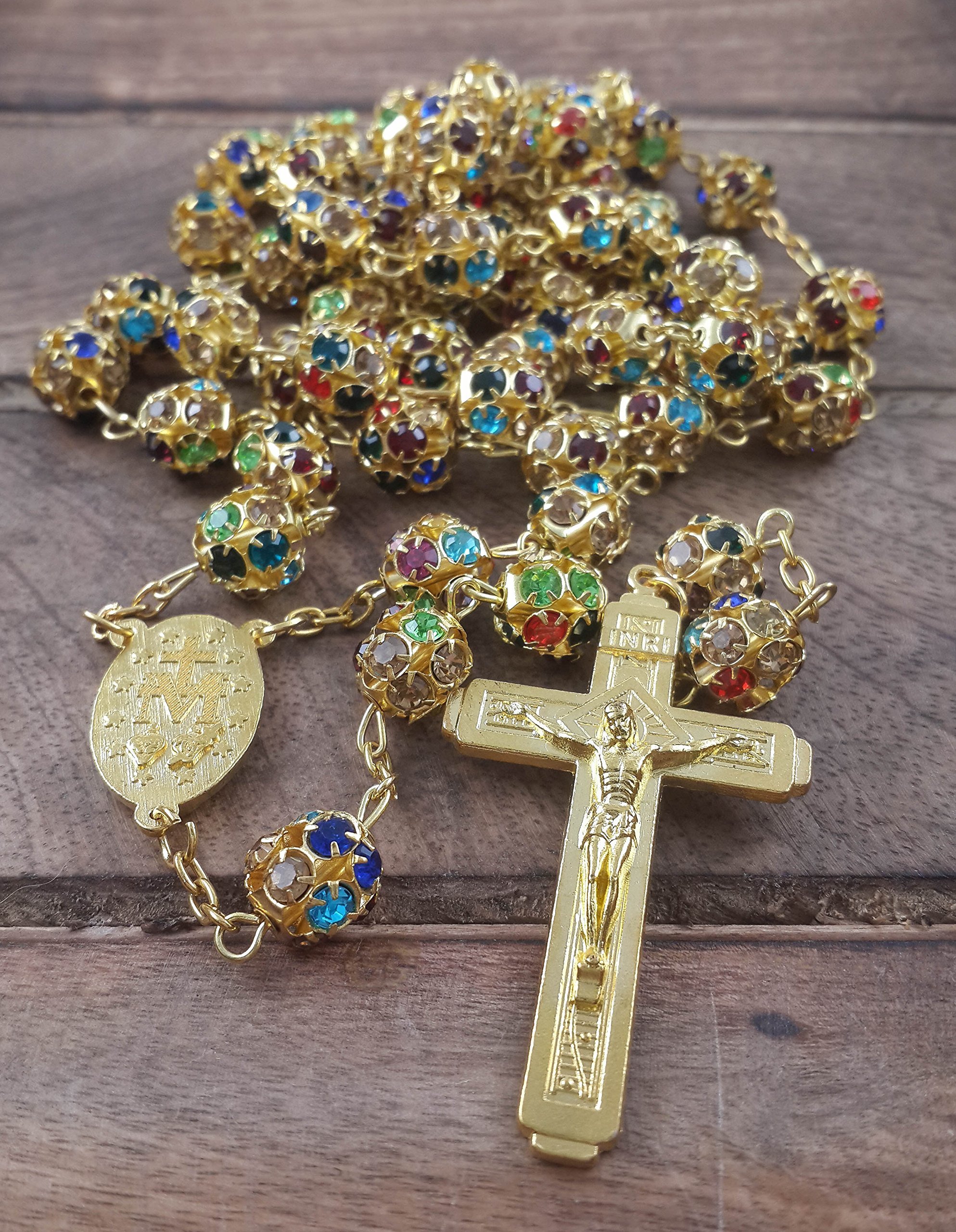 Nazareth Store Gold Plated Rosary Necklace with Colorful Crystallized Beads Miraculous Medal Cross Crucifix