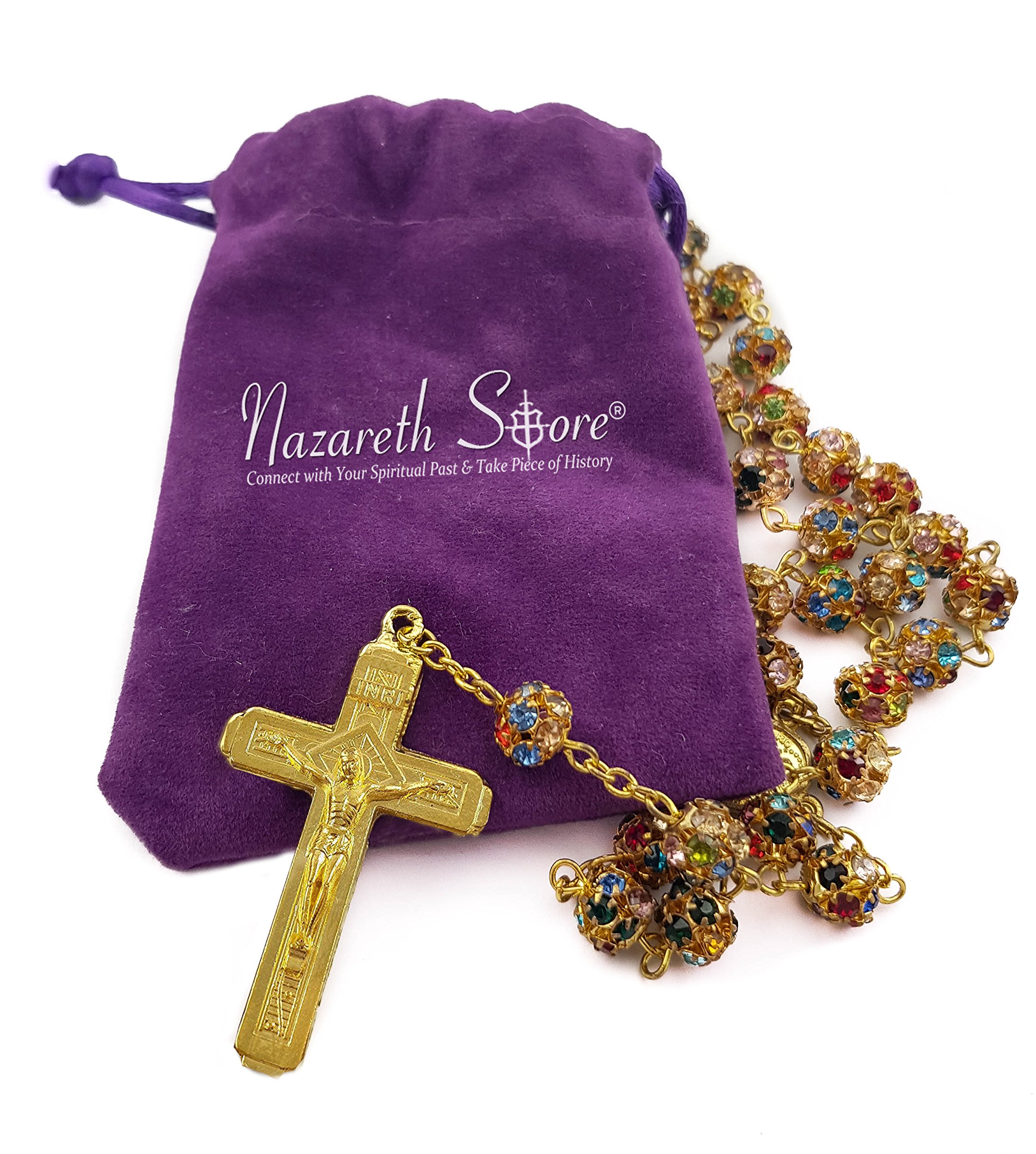 Nazareth Store Gold Plated Rosary Necklace with Colorful Crystallized Beads Miraculous Medal Cross Crucifix