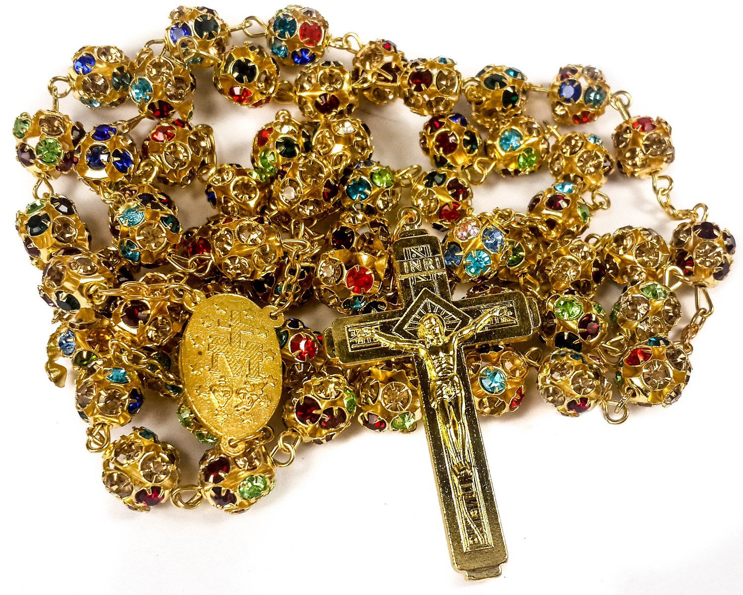 Nazareth Store Gold Plated Rosary Necklace with Colorful Crystallized Beads Miraculous Medal Cross Crucifix