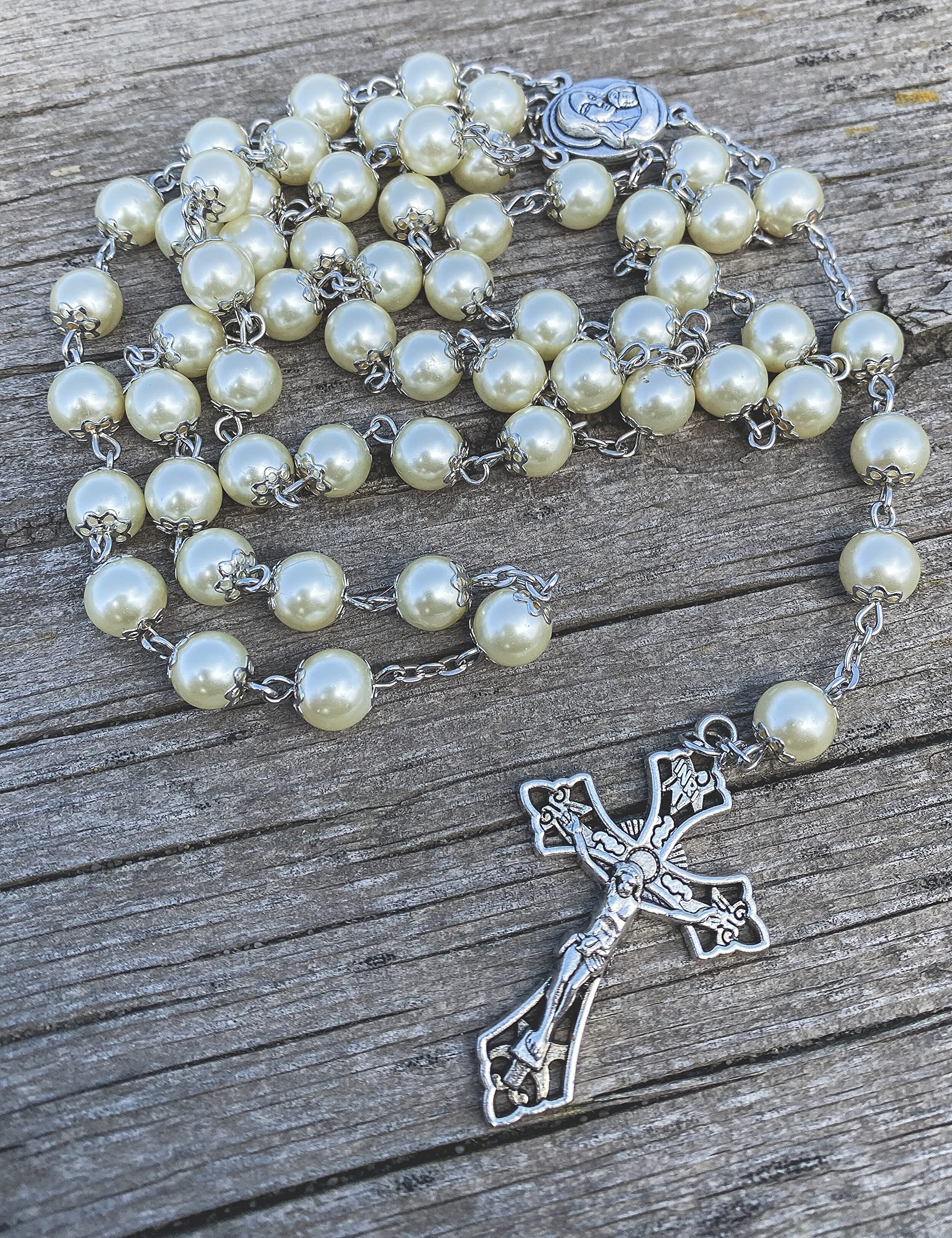 Nazareth Store Pearl Cream Beads Rosary Necklace Holy Soil Medal and Cross Catholic Rosaries for Women, Men