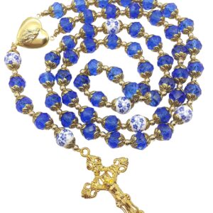 Nazareth Store Catholic Blue Crystal Beads Gold Rosary Flowers Beaded Necklace Miraculous Heart Locket Medal & Cross Religious Women Men Amulet