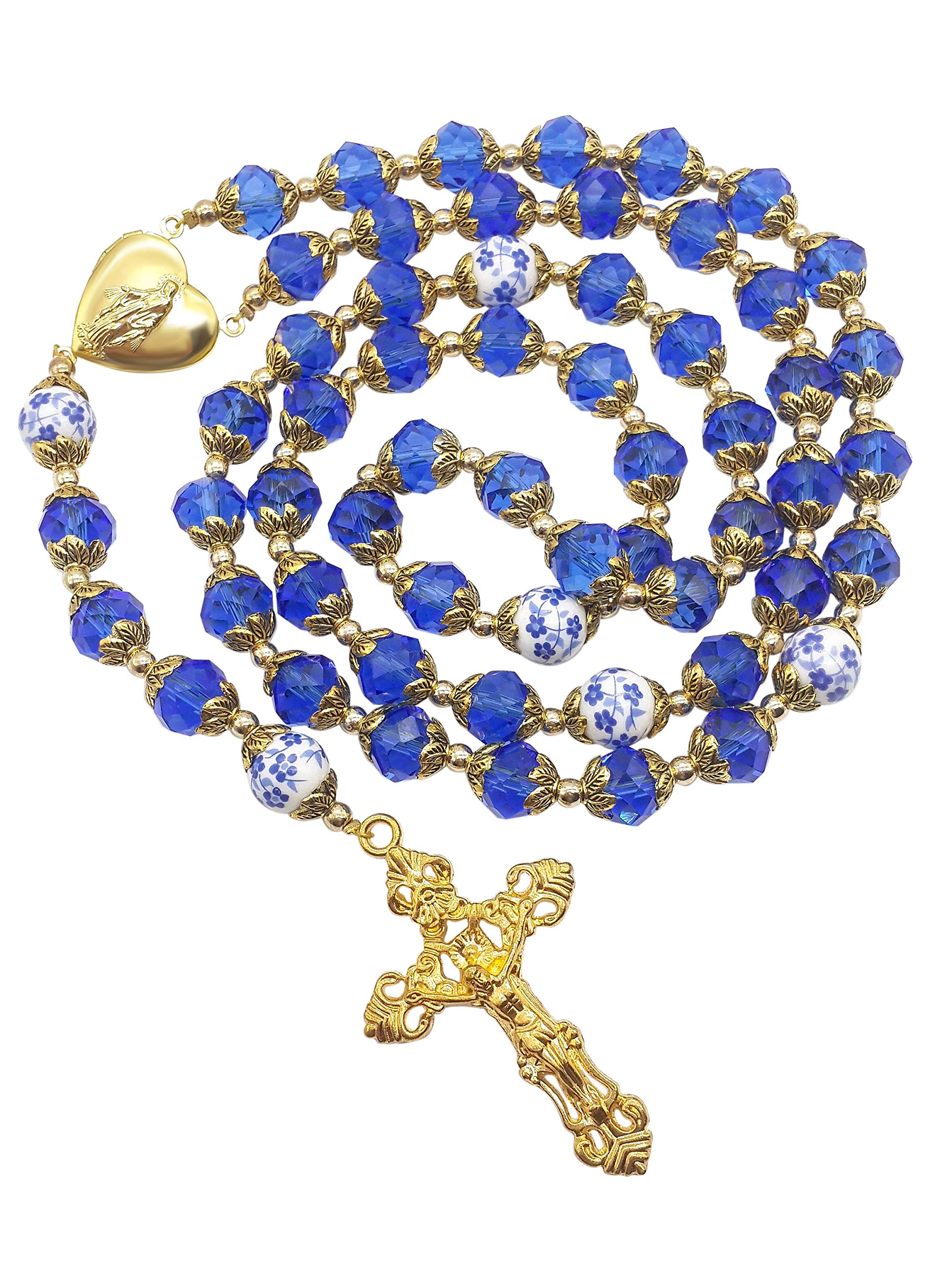 Nazareth Store Catholic Blue Crystal Beads Gold Rosary Flowers Beaded Necklace Miraculous Heart Locket Medal & Cross Religious Women Men Amulet