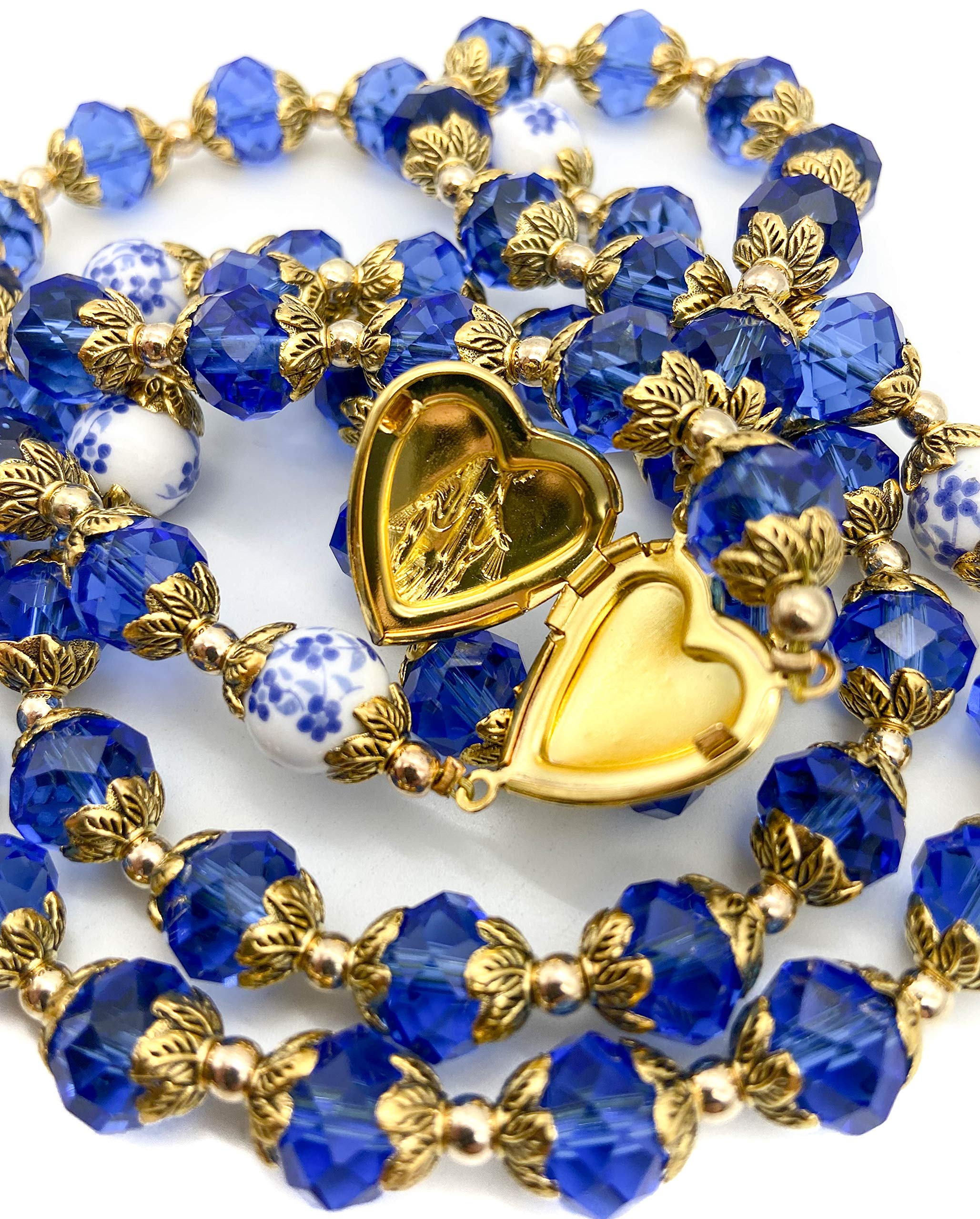 Nazareth Store Catholic Blue Crystal Beads Gold Rosary Flowers Beaded Necklace Miraculous Heart Locket Medal & Cross Religious Women Men Amulet