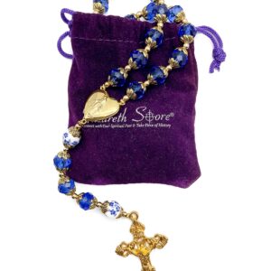 Nazareth Store Catholic Blue Crystal Beads Gold Rosary Flowers Beaded Necklace Miraculous Heart Locket Medal & Cross Religious Women Men Amulet