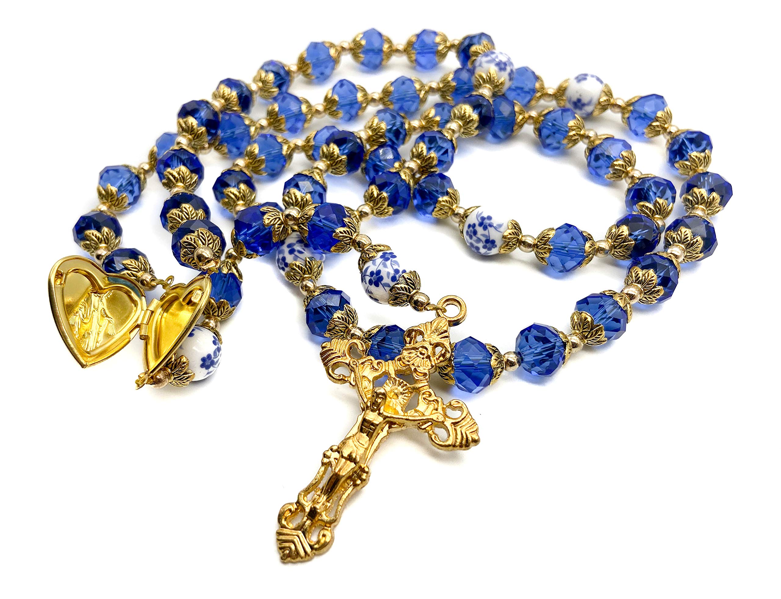 Nazareth Store Catholic Blue Crystal Beads Gold Rosary Flowers Beaded Necklace Miraculous Heart Locket Medal & Cross Religious Women Men Amulet