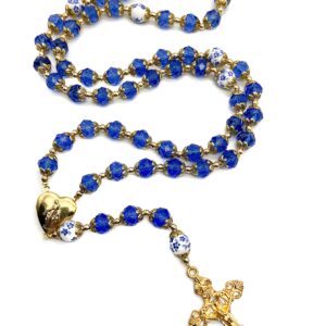 Nazareth Store Catholic Blue Crystal Beads Gold Rosary Flowers Beaded Necklace Miraculous Heart Locket Medal & Cross Religious Women Men Amulet