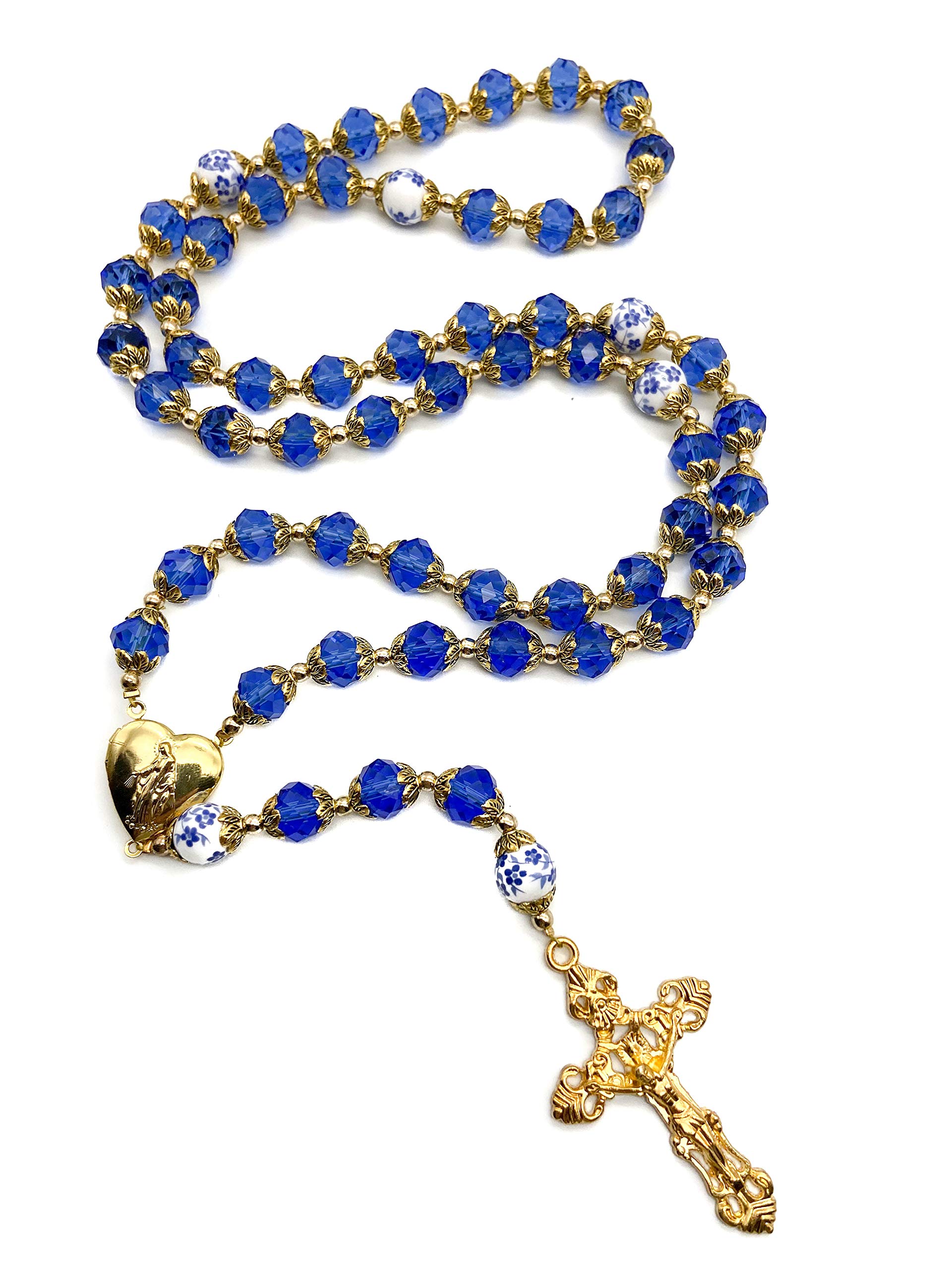 Nazareth Store Catholic Blue Crystal Beads Gold Rosary Flowers Beaded Necklace Miraculous Heart Locket Medal & Cross Religious Women Men Amulet