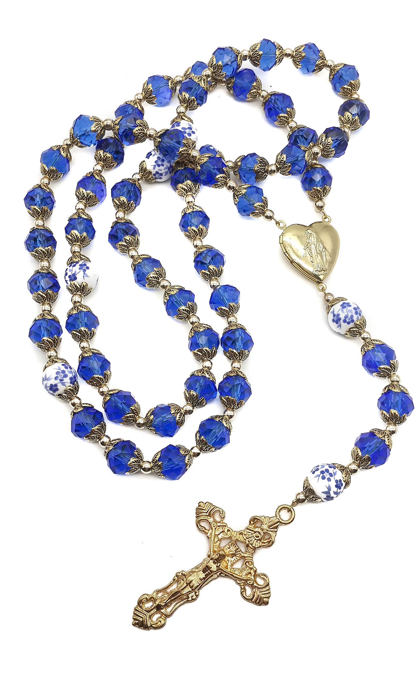 Nazareth Store Catholic Blue Crystal Beads Gold Rosary Flowers Beaded Necklace Miraculous Heart Locket Medal & Cross Religious Women Men Amulet