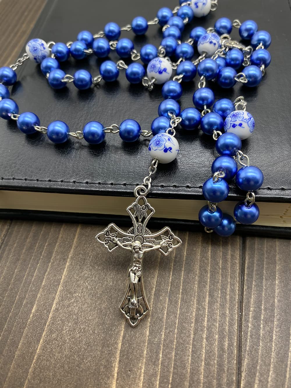 Nazareth Store Blue Pearl Beads Rosary White Flowers Beaded Necklace Lourdes Medal & Cross Crucifix