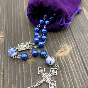 Nazareth Store Blue Pearl Beads Rosary White Flowers Beaded Necklace Lourdes Medal & Cross Crucifix