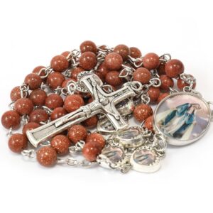 nazareth store natural goldstone beads with miraculous epoxy heart metal beads rosary necklace gemstone christian gifts