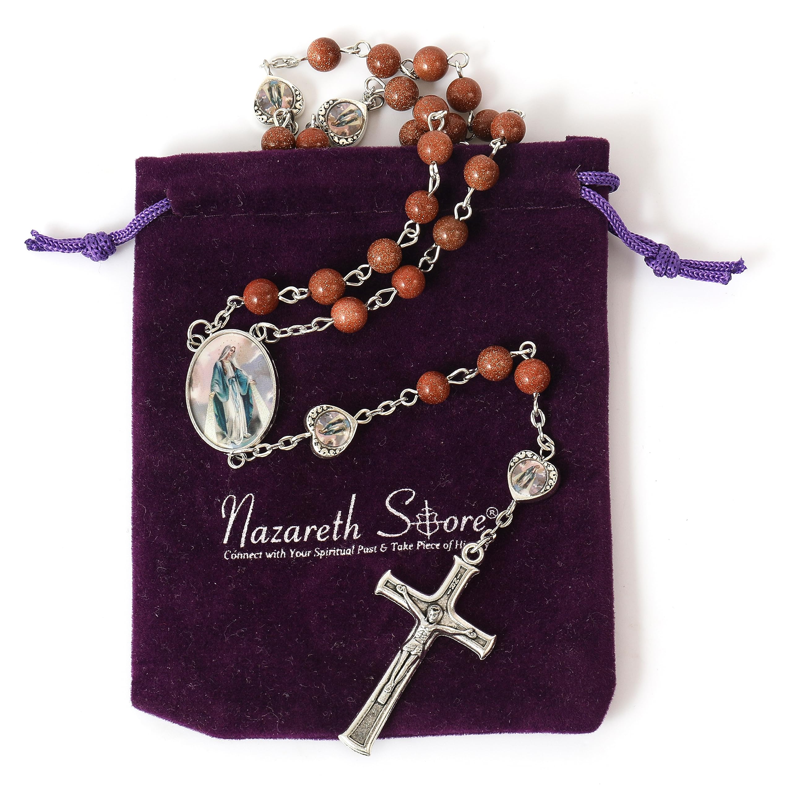 Nazareth Store Natural Goldstone Beads with Miraculous Epoxy Heart Metal Beads Rosary Necklace Gemstone Christian Gifts