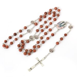 Nazareth Store Natural Goldstone Beads with Miraculous Epoxy Heart Metal Beads Rosary Necklace Gemstone Christian Gifts