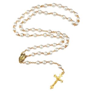 catholic gold rosary, pearl beads prayer rosary necklace, gold plated beaded rosary for women