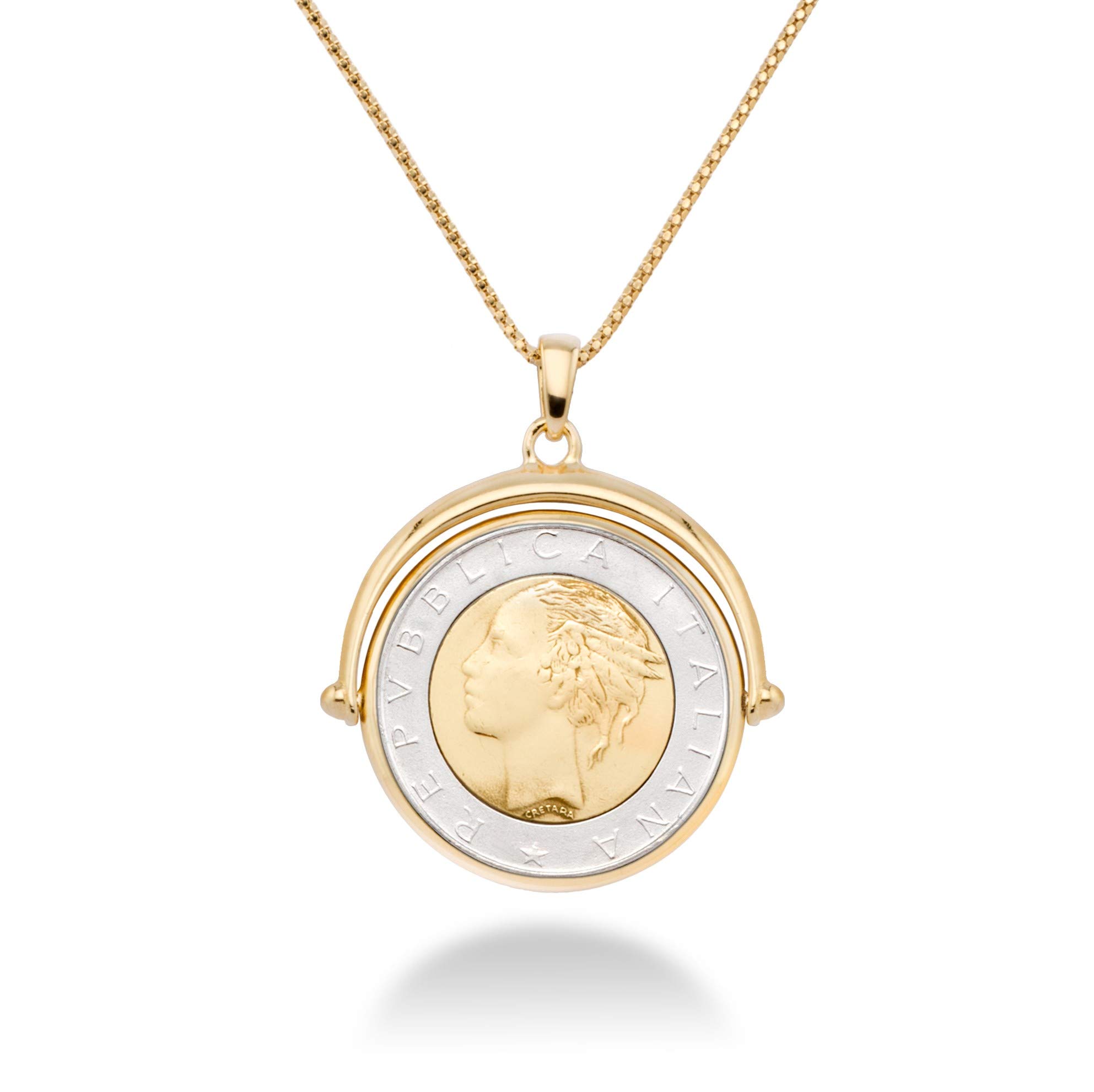 Miabella 18K Gold Over 925 Sterling Silver Italian Genuine 500-Lira Reversible Flip Coin Pendant Chain Necklace for Women, Chain Medallion Made in Italy (Length 20 Inches)