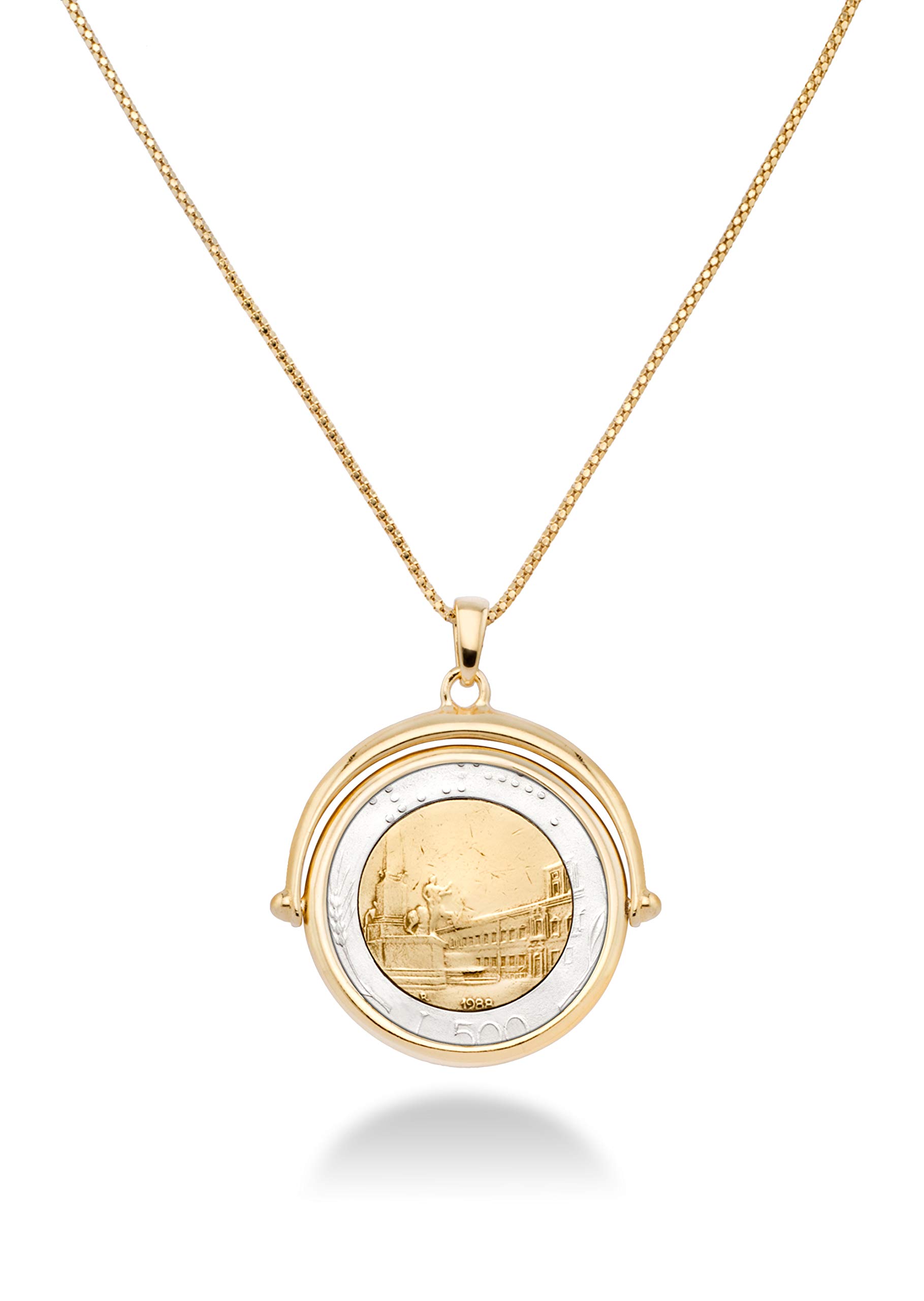 Miabella 18K Gold Over 925 Sterling Silver Italian Genuine 500-Lira Reversible Flip Coin Pendant Chain Necklace for Women, Chain Medallion Made in Italy (Length 20 Inches)