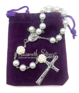 nazareth store white pearl beads rosary roses mystery beads prayer necklace our rose lourdes medal and cross crucifix