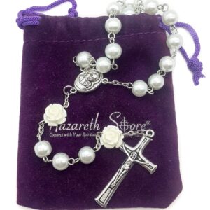 Nazareth Store White Pearl Beads Rosary Roses Mystery Beads Prayer Necklace Our Rose Lourdes Medal and Cross Crucifix