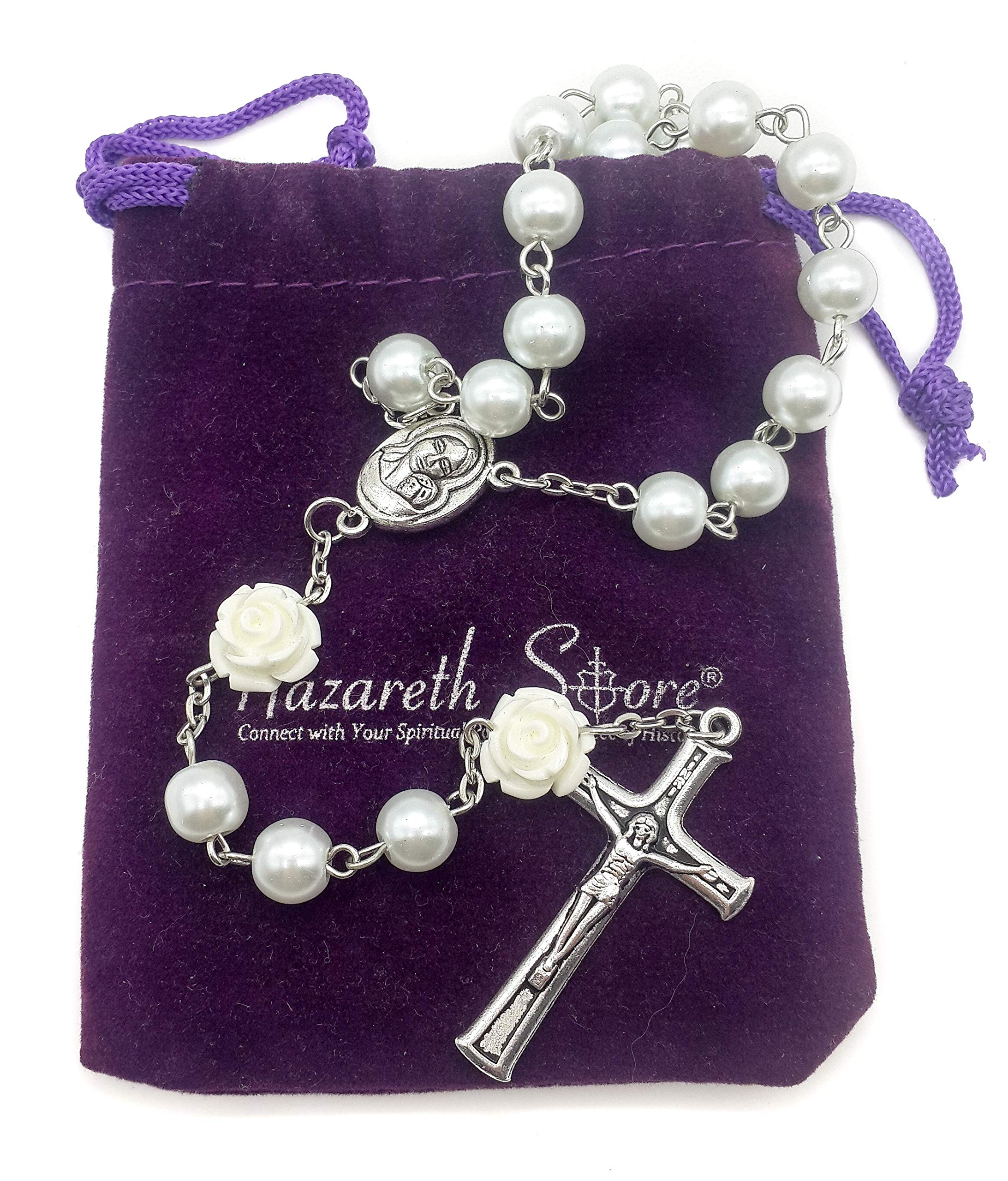 Nazareth Store White Pearl Beads Rosary Roses Mystery Beads Prayer Necklace Our Rose Lourdes Medal and Cross Crucifix