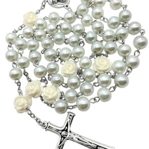 Nazareth Store White Pearl Beads Rosary Roses Mystery Beads Prayer Necklace Our Rose Lourdes Medal and Cross Crucifix