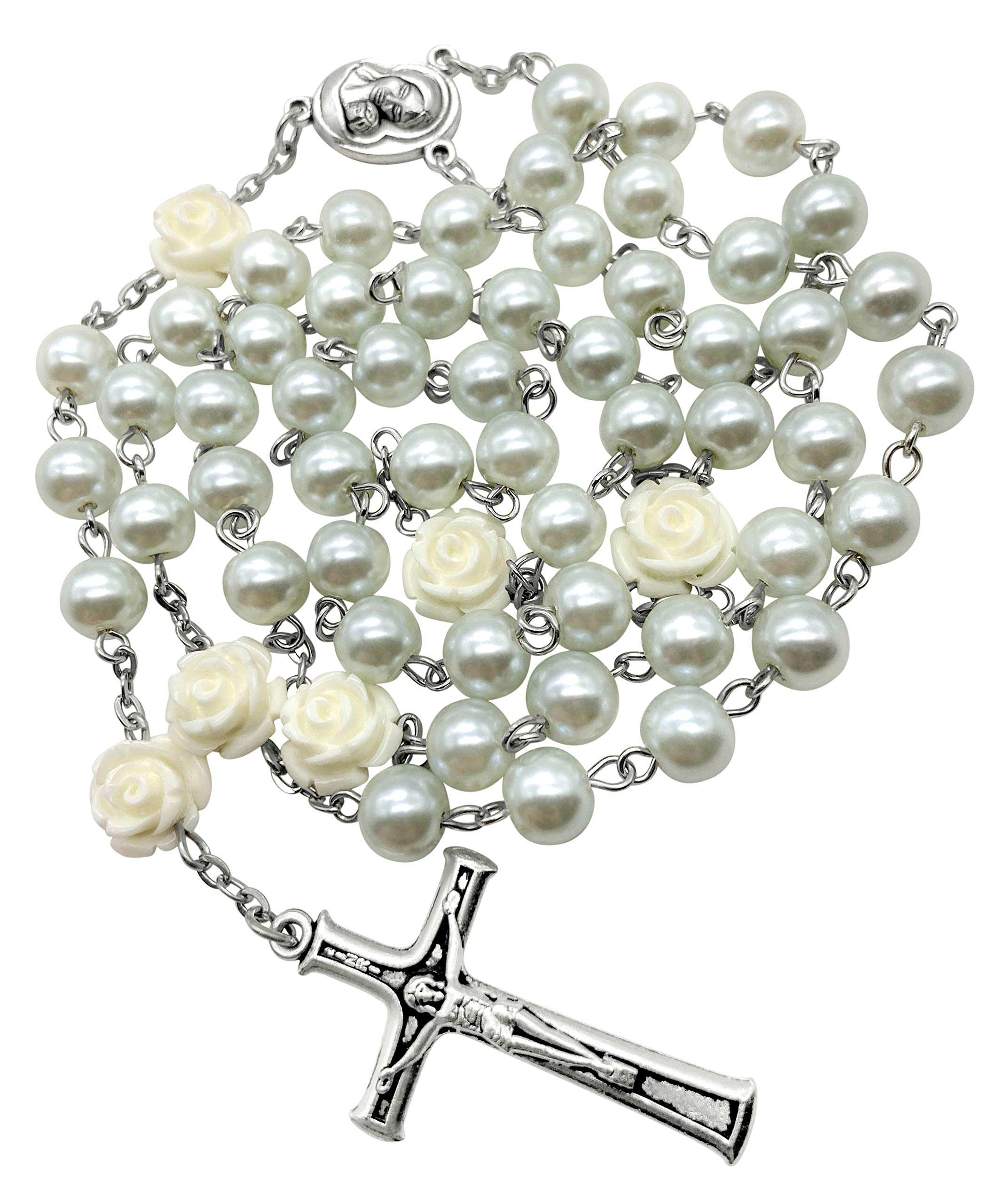 Nazareth Store White Pearl Beads Rosary Roses Mystery Beads Prayer Necklace Our Rose Lourdes Medal and Cross Crucifix