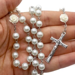 Nazareth Store White Pearl Beads Rosary Roses Mystery Beads Prayer Necklace Our Rose Lourdes Medal and Cross Crucifix