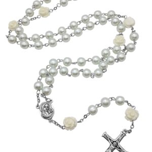 Nazareth Store White Pearl Beads Rosary Roses Mystery Beads Prayer Necklace Our Rose Lourdes Medal and Cross Crucifix